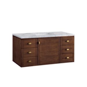 James Martin 670-V48-WLT-3CAR Amberly 48 Inch Mid-Century Walnut Single Sink Vanity with 3 cm Carrara Marble Top