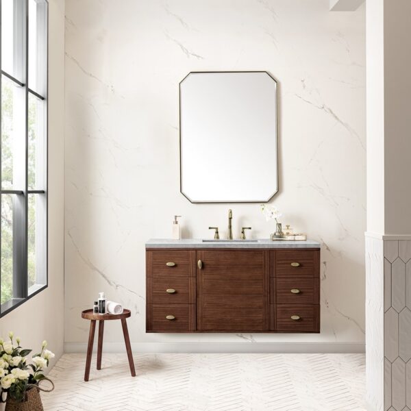 James Martin 670-V48-WLT-3CAR Amberly 48 Inch Mid-Century Walnut Single Sink Vanity with 3 cm Carrara Marble Top