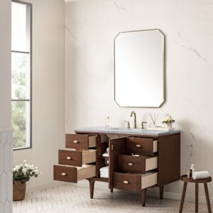 James Martin 670-V48-WLT-3CAR Amberly 48 Inch Mid-Century Walnut Single Sink Vanity with 3 cm Carrara Marble Top