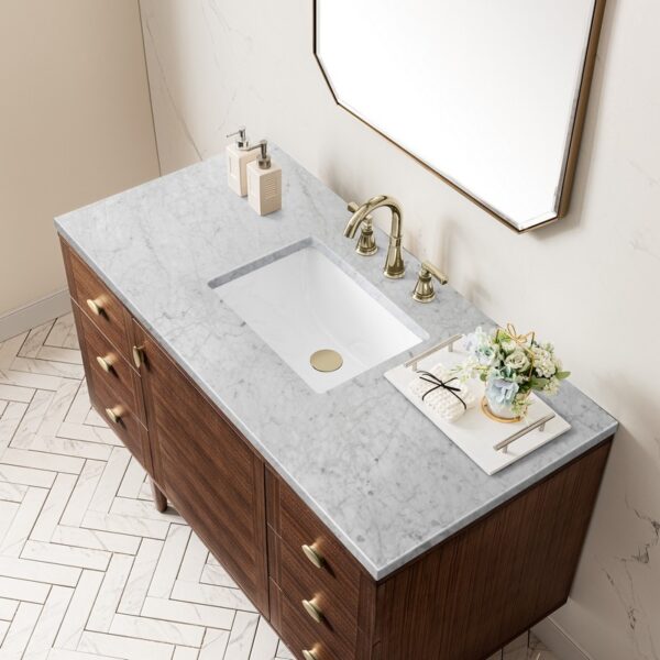 James Martin 670-V48-WLT-3CAR Amberly 48 Inch Mid-Century Walnut Single Sink Vanity with 3 cm Carrara Marble Top