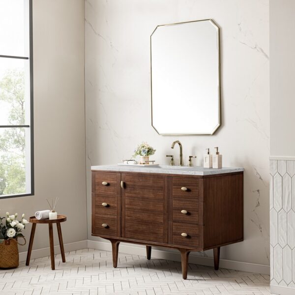 James Martin 670-V48-WLT-3EJP Amberly 48 Inch Mid-Century Walnut Single Sink Vanity with 3 cm Eternal Jasmine Pearl Top