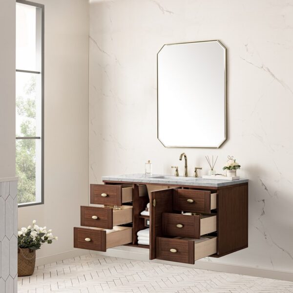 James Martin 670-V48-WLT-3EJP Amberly 48 Inch Mid-Century Walnut Single Sink Vanity with 3 cm Eternal Jasmine Pearl Top