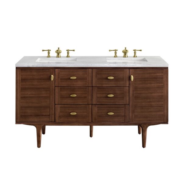 James Martin 670-V60D-WLT-3AF Amberly 60 Inch Mid-Century Walnut Double Sink Vanity with 3 cm Arctic Fall Top