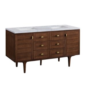 James Martin 670-V60D-WLT-3CAR Amberly 60 Inch Mid-Century Walnut Double Sink Vanity with 3 cm Carrara Marble Top