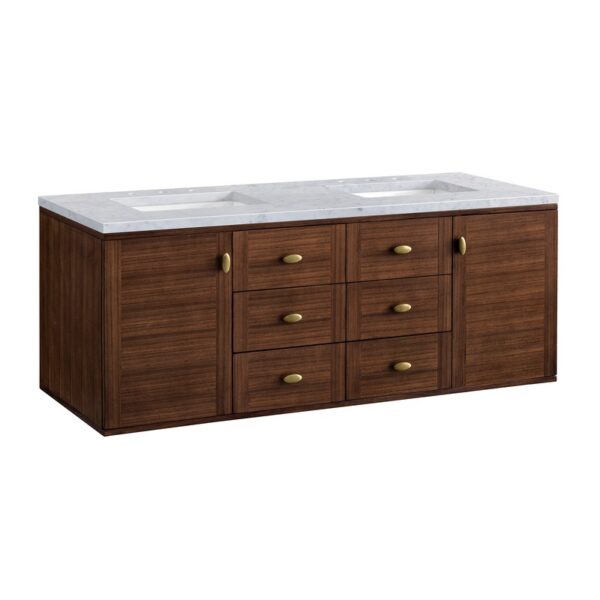 James Martin 670-V60D-WLT-3CAR Amberly 60 Inch Mid-Century Walnut Double Sink Vanity with 3 cm Carrara Marble Top