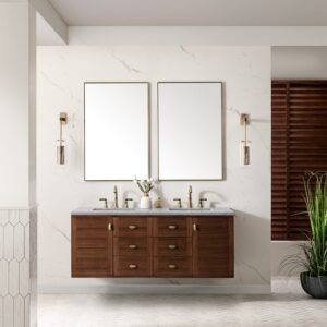 James Martin 670-V60D-WLT-3CAR Amberly 60 Inch Mid-Century Walnut Double Sink Vanity with 3 cm Carrara Marble Top