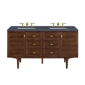 James Martin 670-V60D-WLT-3CSP Amberly 60 Inch Mid-Century Walnut Double Sink Vanity with 3 cm Charcoal Soapstone Top