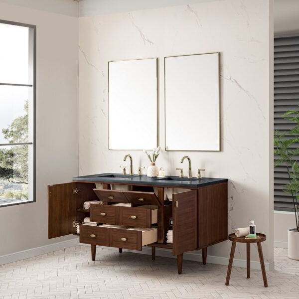 James Martin 670-V60D-WLT-3CSP Amberly 60 Inch Mid-Century Walnut Double Sink Vanity with 3 cm Charcoal Soapstone Top