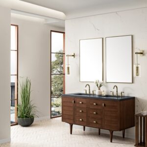 James Martin 670-V60D-WLT-3CSP Amberly 60 Inch Mid-Century Walnut Double Sink Vanity with 3 cm Charcoal Soapstone Top