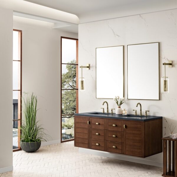 James Martin 670-V60D-WLT-3CSP Amberly 60 Inch Mid-Century Walnut Double Sink Vanity with 3 cm Charcoal Soapstone Top