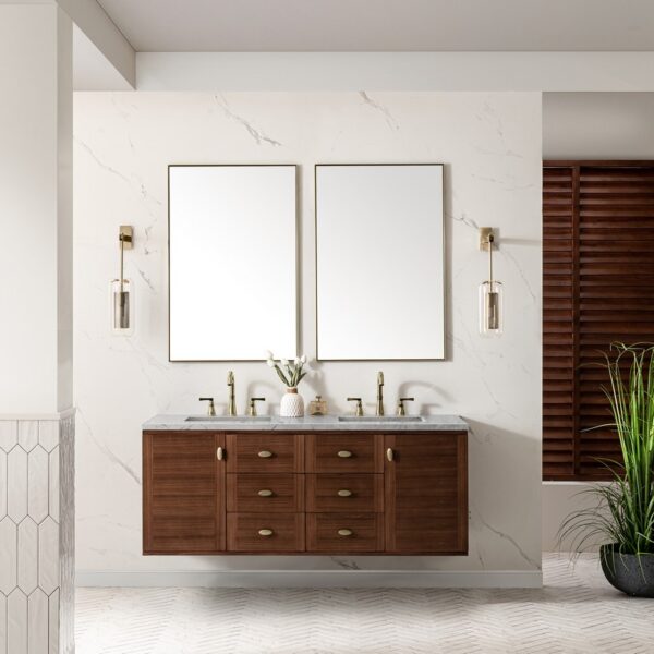 James Martin 670-V60D-WLT-3EJP Amberly 60 Inch Mid-Century Walnut Double Sink Vanity with 3 cm Eternal Jasmine Pearl Top