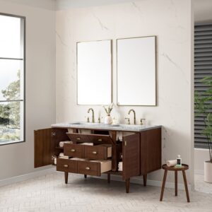 James Martin 670-V60D-WLT-3EJP Amberly 60 Inch Mid-Century Walnut Double Sink Vanity with 3 cm Eternal Jasmine Pearl Top