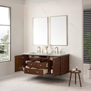 James Martin 670-V60D-WLT-3EJP Amberly 60 Inch Mid-Century Walnut Double Sink Vanity with 3 cm Eternal Jasmine Pearl Top