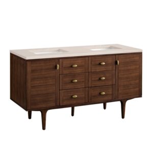 James Martin 670-V60D-WLT-3EMR Amberly 60 Inch Mid-Century Walnut Double Sink Vanity with 3 cm Eternal Marfil Top