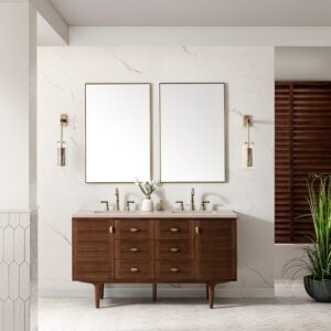 James Martin 670-V60D-WLT-3EMR Amberly 60 Inch Mid-Century Walnut Double Sink Vanity with 3 cm Eternal Marfil Top