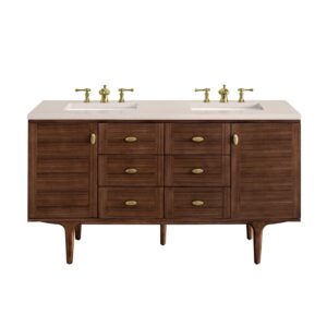 James Martin 670-V60D-WLT-3EMR Amberly 60 Inch Mid-Century Walnut Double Sink Vanity with 3 cm Eternal Marfil Top