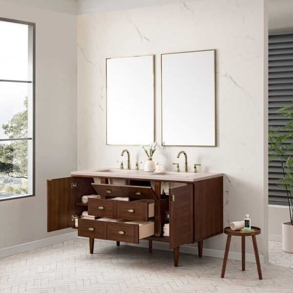 James Martin 670-V60D-WLT-3EMR Amberly 60 Inch Mid-Century Walnut Double Sink Vanity with 3 cm Eternal Marfil Top