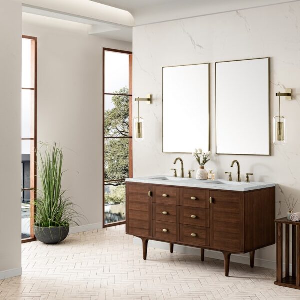 James Martin 670-V60D-WLT-3ENC Amberly 60 Inch Mid-Century Walnut Double Sink Vanity with 3 cm Ethereal Noctis Top