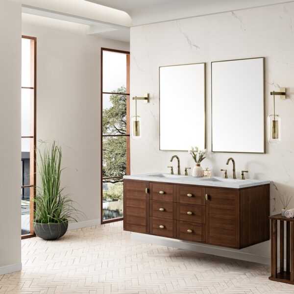 James Martin 670-V60D-WLT-3ENC Amberly 60 Inch Mid-Century Walnut Double Sink Vanity with 3 cm Ethereal Noctis Top