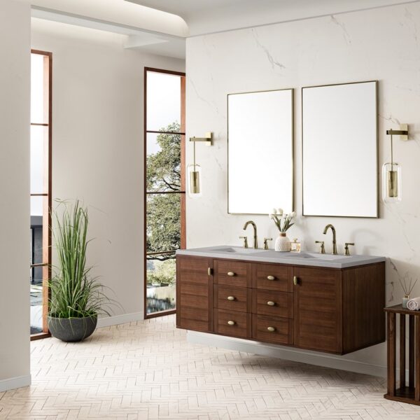 James Martin 670-V60D-WLT-3ESR Amberly 60 Inch Mid-Century Walnut Double Sink Vanity with 3 cm Eternal Serena Top