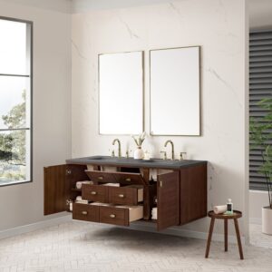 James Martin 670-V60D-WLT-3GEX Amberly 60 Inch Mid-Century Walnut Double Sink Vanity with 3 cm Grey Expo Top