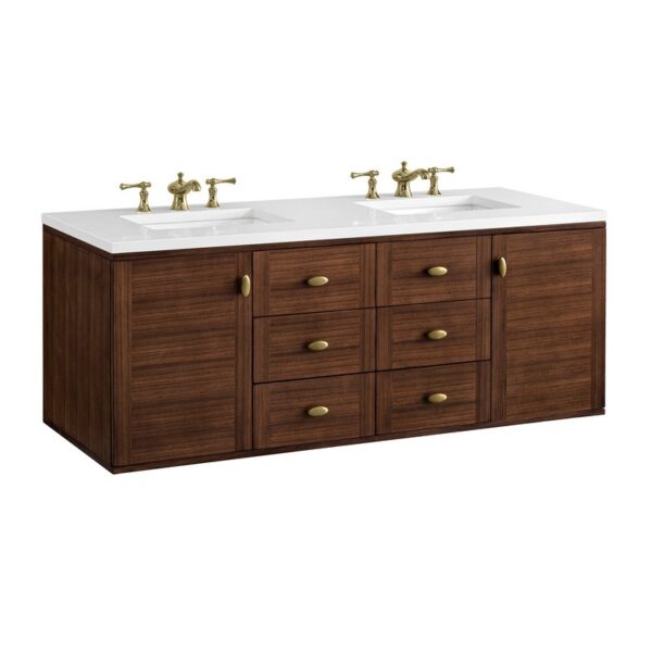 James Martin 670-V60D-WLT-3WZ Amberly 60 Inch Double Vanity in Mid-Century Walnut with 3cm White Zeus Top