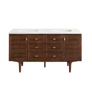 James Martin 670-V60D-WLT-3WZ Amberly 60 Inch Double Vanity in Mid-Century Walnut with 3cm White Zeus Top