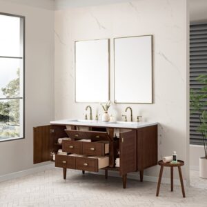 James Martin 670-V60D-WLT-3WZ Amberly 60 Inch Double Vanity in Mid-Century Walnut with 3cm White Zeus Top