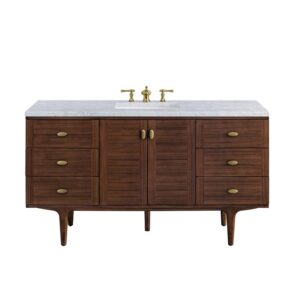 James Martin 670-V60S-WLT-3CAR Amberly 60 Inch Mid-Century Walnut Single Sink Vanity with 3 cm Carrara Marble Top