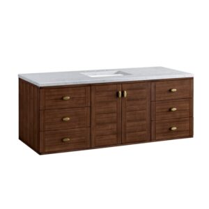 James Martin 670-V60S-WLT-3CAR Amberly 60 Inch Mid-Century Walnut Single Sink Vanity with 3 cm Carrara Marble Top