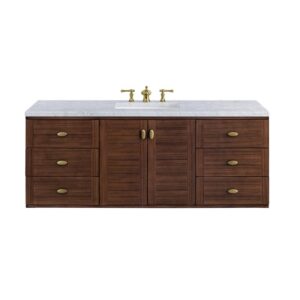 James Martin 670-V60S-WLT-3CAR Amberly 60 Inch Mid-Century Walnut Single Sink Vanity with 3 cm Carrara Marble Top