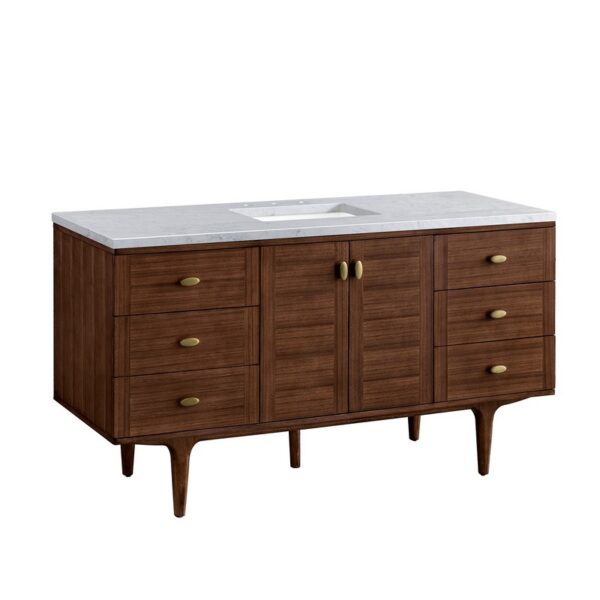 James Martin 670-V60S-WLT-3CAR Amberly 60 Inch Mid-Century Walnut Single Sink Vanity with 3 cm Carrara Marble Top