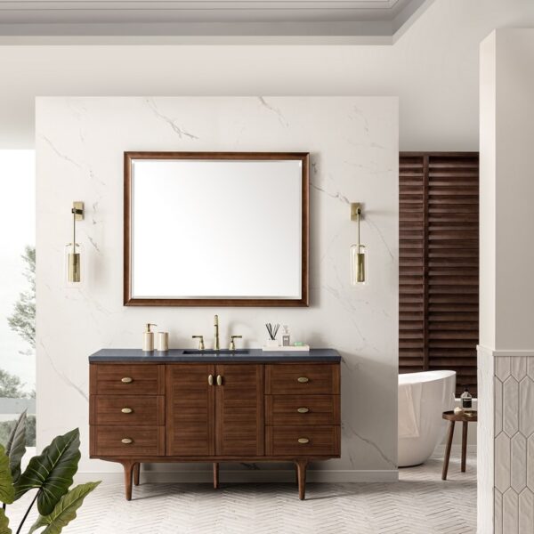 James Martin 670-V60S-WLT-3CSP Amberly 60 Inch Mid-Century Walnut Single Sink Vanity with 3 cm Charcoal Soapstone Top