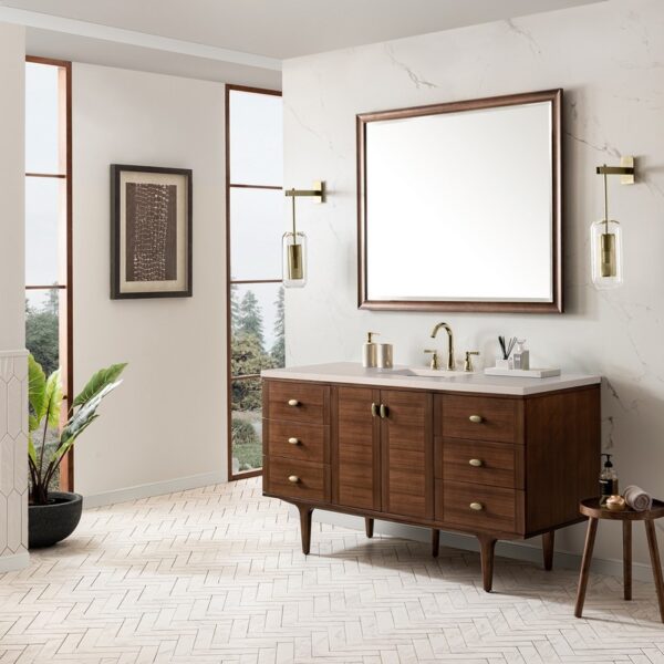 James Martin 670-V60S-WLT-3EMR Amberly 60 Inch Mid-Century Walnut Single Sink Vanity with 3 cm Eternal Marfil Top