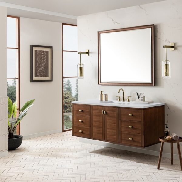 James Martin 670-V60S-WLT-3WZ Amberly 60 Inch Single Vanity in Mid-Century Walnut with 3cm White Zeus Top