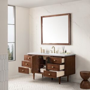 James Martin 670-V60S-WLT-3WZ Amberly 60 Inch Single Vanity in Mid-Century Walnut with 3cm White Zeus Top