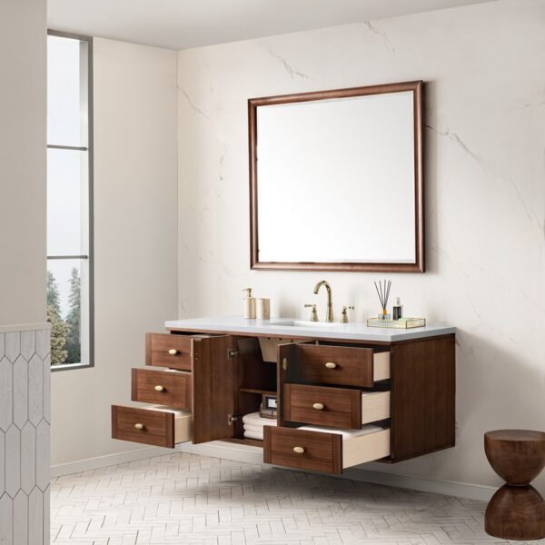 James Martin 670-V60S-WLT-3WZ Amberly 60 Inch Single Vanity in Mid-Century Walnut with 3cm White Zeus Top