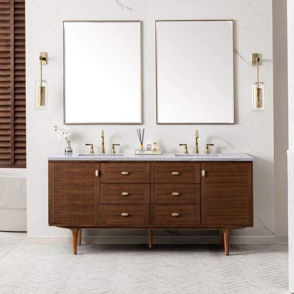 James Martin 670-V72-WLT-3AF Amberly 72 Inch Mid-Century Walnut Double Sink Vanity with 3 cm Arctic Fall Top