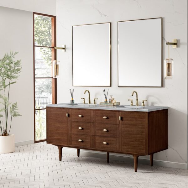 James Martin 670-V72-WLT-3AF Amberly 72 Inch Mid-Century Walnut Double Sink Vanity with 3 cm Arctic Fall Top