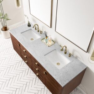 James Martin 670-V72-WLT-3CAR Amberly 72 Inch Mid-Century Walnut Double Sink Vanity with 3 cm Carrara Marble Top