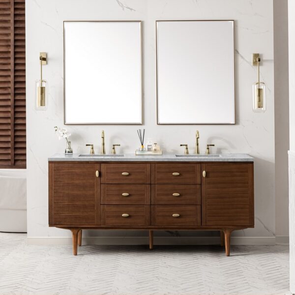 James Martin 670-V72-WLT-3CAR Amberly 72 Inch Mid-Century Walnut Double Sink Vanity with 3 cm Carrara Marble Top