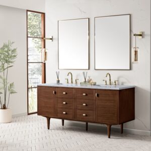 James Martin 670-V72-WLT-3CAR Amberly 72 Inch Mid-Century Walnut Double Sink Vanity with 3 cm Carrara Marble Top