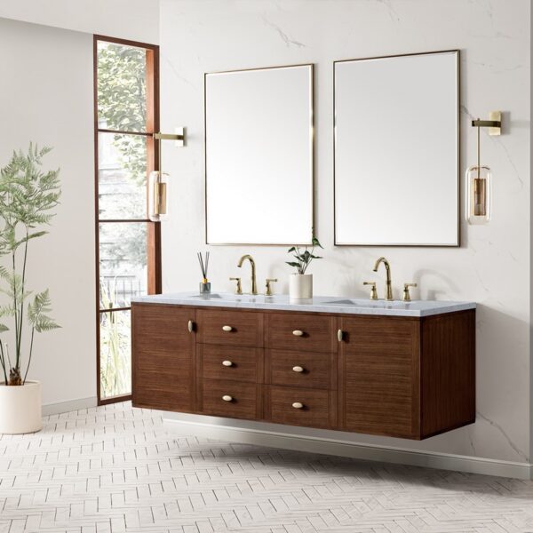 James Martin 670-V72-WLT-3CAR Amberly 72 Inch Mid-Century Walnut Double Sink Vanity with 3 cm Carrara Marble Top