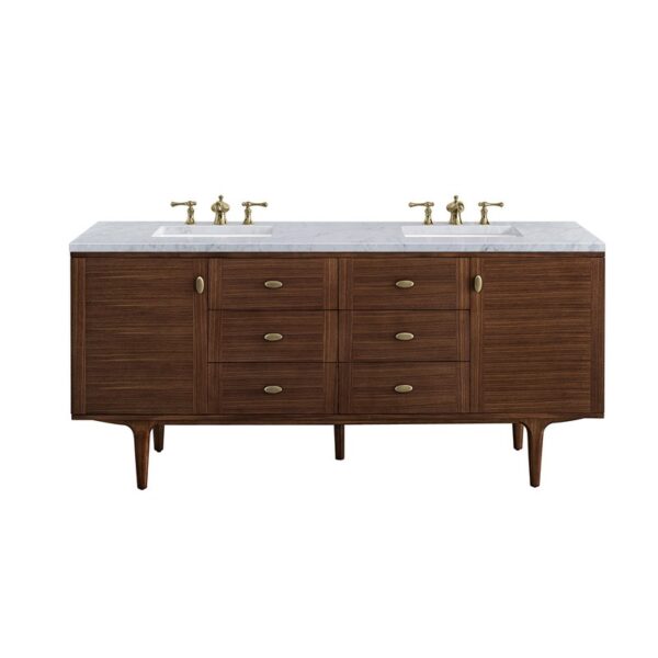 James Martin 670-V72-WLT-3CAR Amberly 72 Inch Mid-Century Walnut Double Sink Vanity with 3 cm Carrara Marble Top