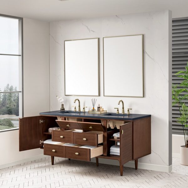 James Martin 670-V72-WLT-3CSP Amberly 72 Inch Mid-Century Walnut Double Sink Vanity with 3 cm Charcoal Soapstone Top