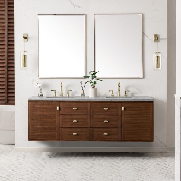 James Martin 670-V72-WLT-3EJP Amberly 72 Inch Mid-Century Walnut Double Sink Vanity with 3 cm Eternal Jasmine Pearl Top