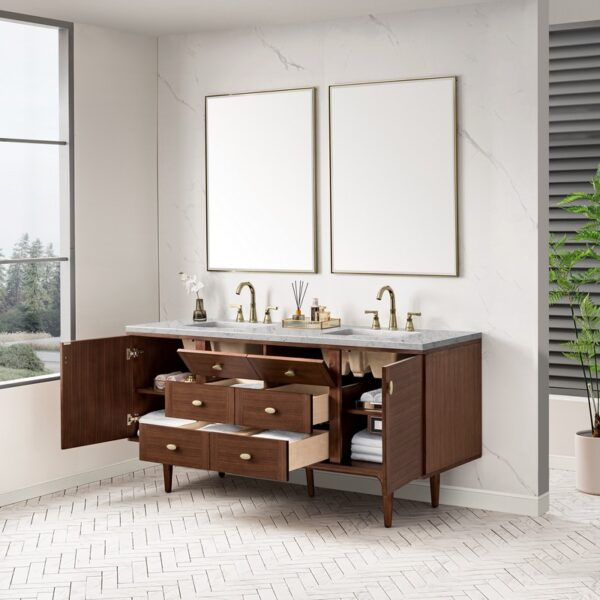 James Martin 670-V72-WLT-3EJP Amberly 72 Inch Mid-Century Walnut Double Sink Vanity with 3 cm Eternal Jasmine Pearl Top