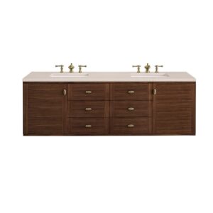 James Martin 670-V72-WLT-3EMR Amberly 72 Inch Mid-Century Walnut Double Sink Vanity with 3 cm Eternal Marfil Top