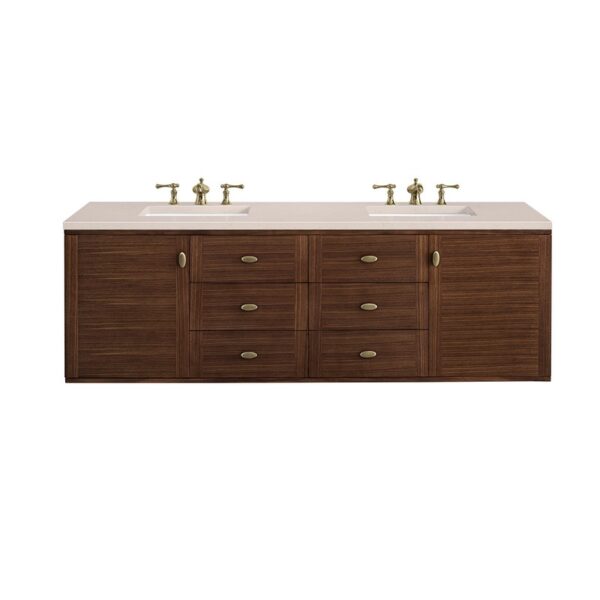 James Martin 670-V72-WLT-3EMR Amberly 72 Inch Mid-Century Walnut Double Sink Vanity with 3 cm Eternal Marfil Top