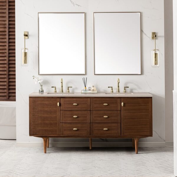 James Martin 670-V72-WLT-3EMR Amberly 72 Inch Mid-Century Walnut Double Sink Vanity with 3 cm Eternal Marfil Top